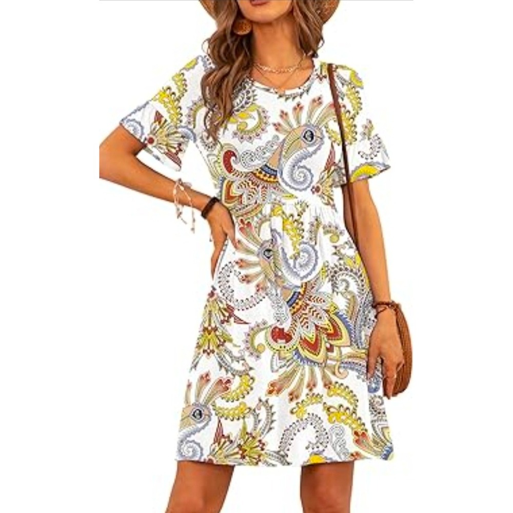 POSESHE‎ Womens 2XL Paisley Print Short Sleeve Empire Waist T-Shirt Dress White